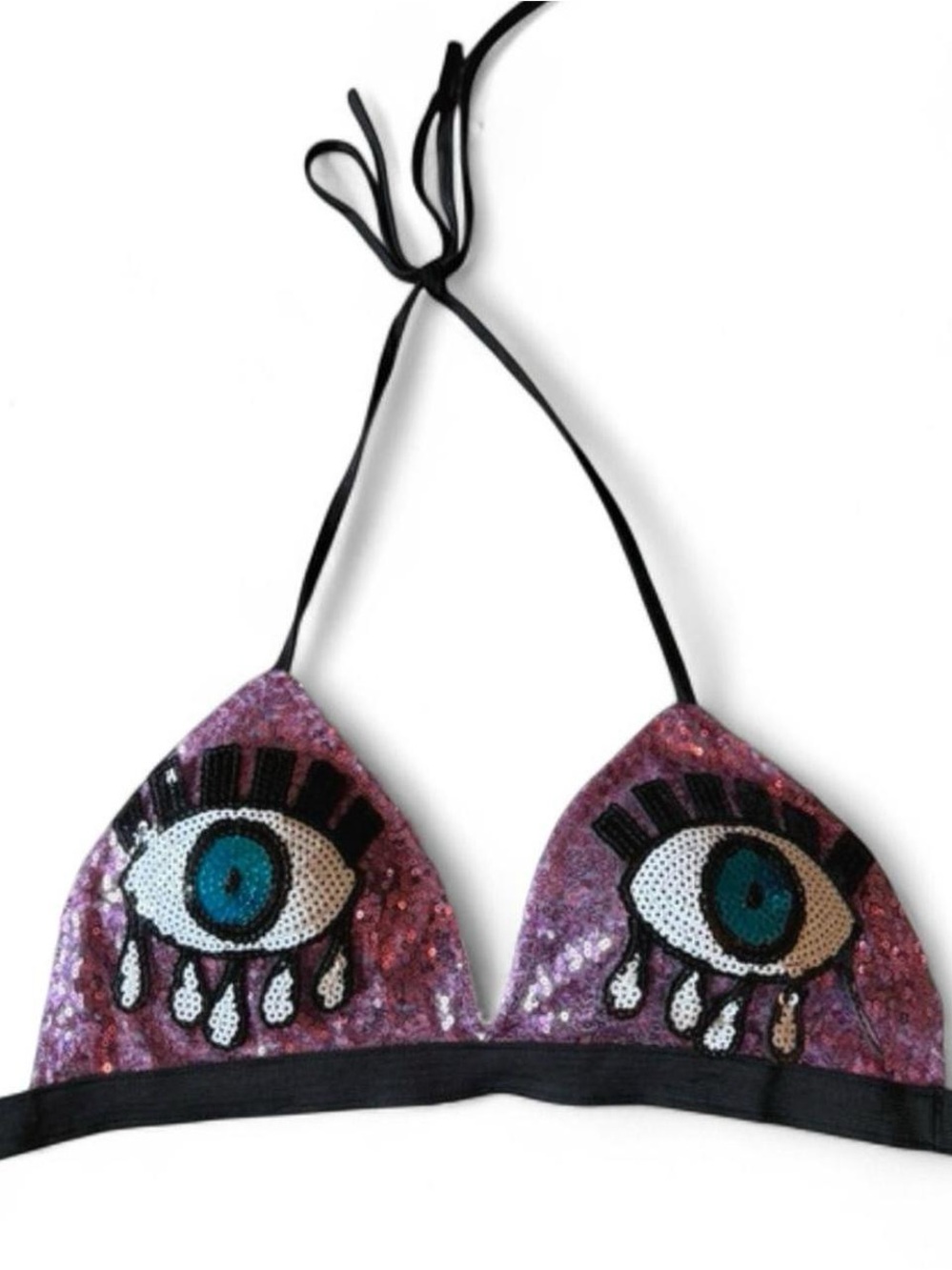 Rave WONDERLAND Purple Sequin Bikini Top with Blue Eye Appliques S M Festival